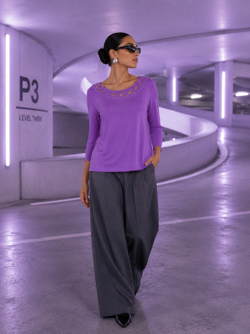 Cable & Gauge Purple Lattice Neck Knit Top Women's Medium NWT 3/4 Sleeve